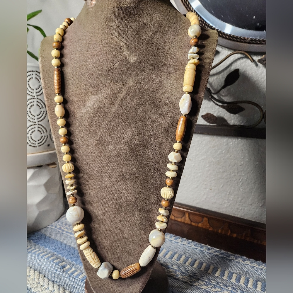Vintage Carved Bone Shell Wood And Agate Long Chunky Beaded Necklace